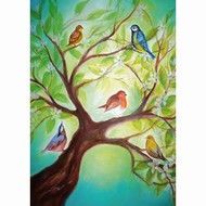 Oliepastelkaart Vogeltjes in boom per 10 stuks